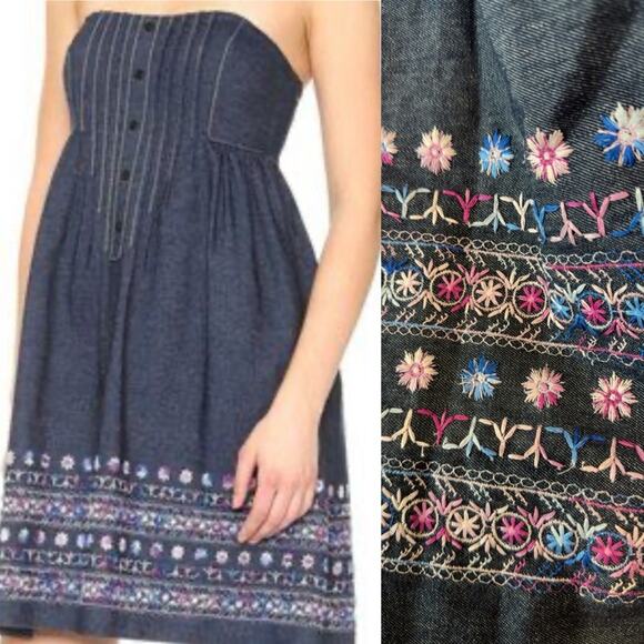 Anna Sui Corset Denim Embroidered Mini Sundress‎ Strapless- Sz 0 - Picture 1 of 12